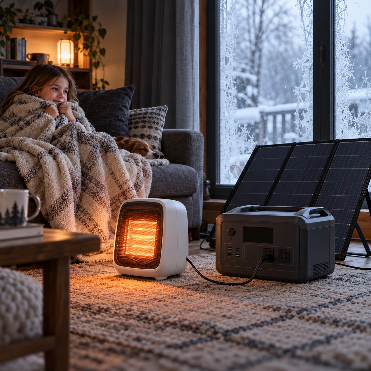 Mini heater running from the power station in a cold living room