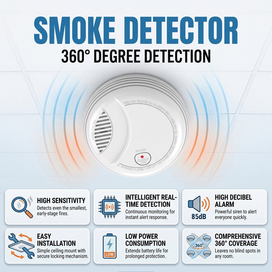 Independent smoke detector, DC 9V battery powered