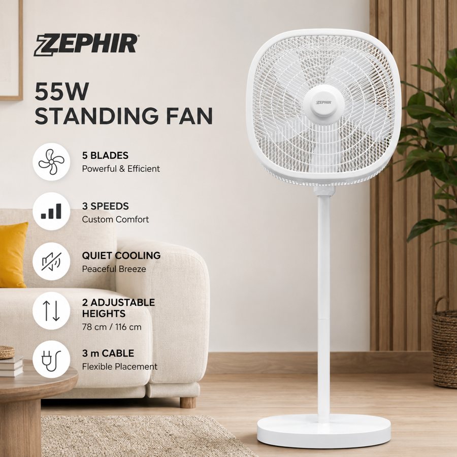 Oscillating floor standing fan, 55W, 5 blades, 3 speeds