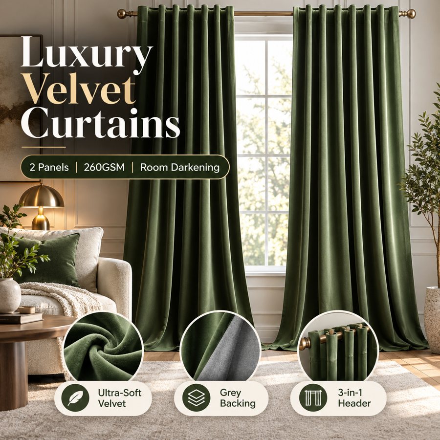 Velvet curtains with grey backing, 2 panels, 260 GSM