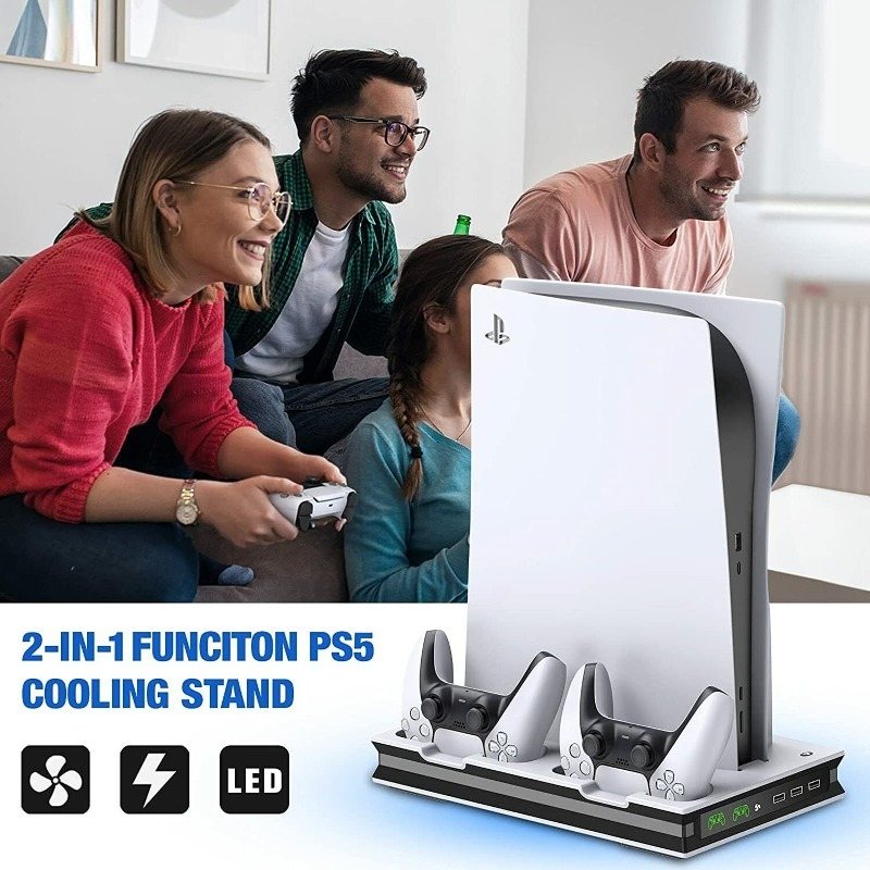 PS5 vertical stand with cooling fan and controller charging dock