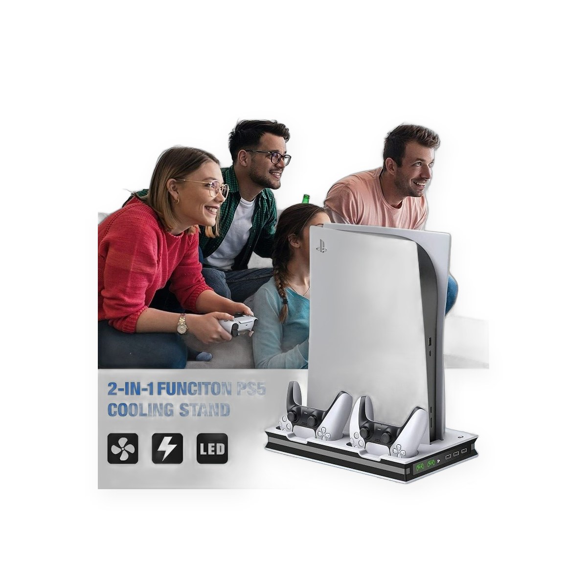 PS5 vertical stand with cooling fan and controller charging dock