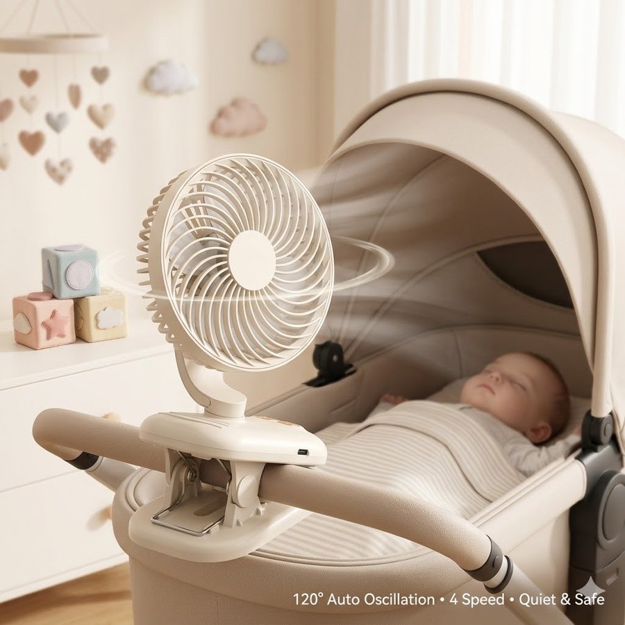 Rechargeable clip-on fan for desks and strollers, 1800mAh