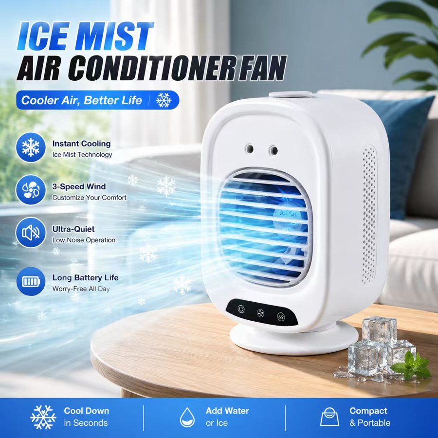 Rechargeable mini air cooler with ice mist, 3 speeds