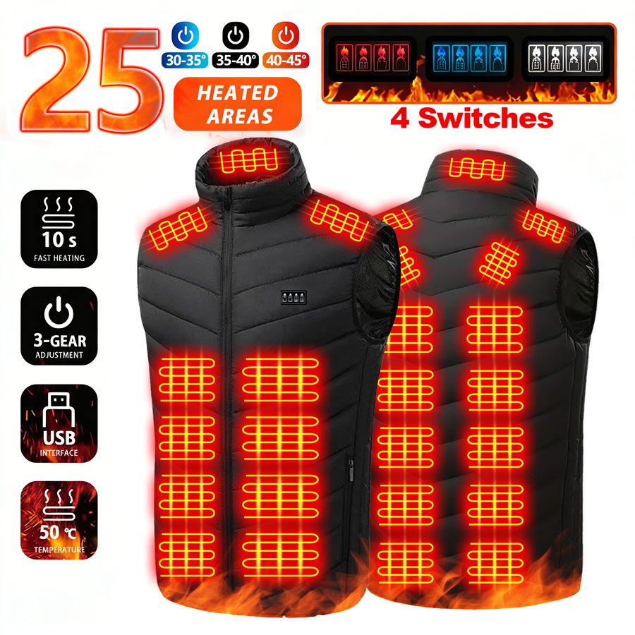 Winter heated vest with fast heating and 25 zones