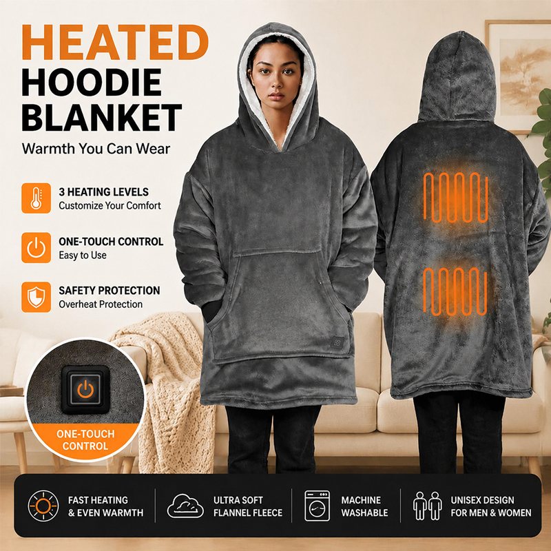 Oversized USB Heated Hoodie Blanket, 3 Heat Levels