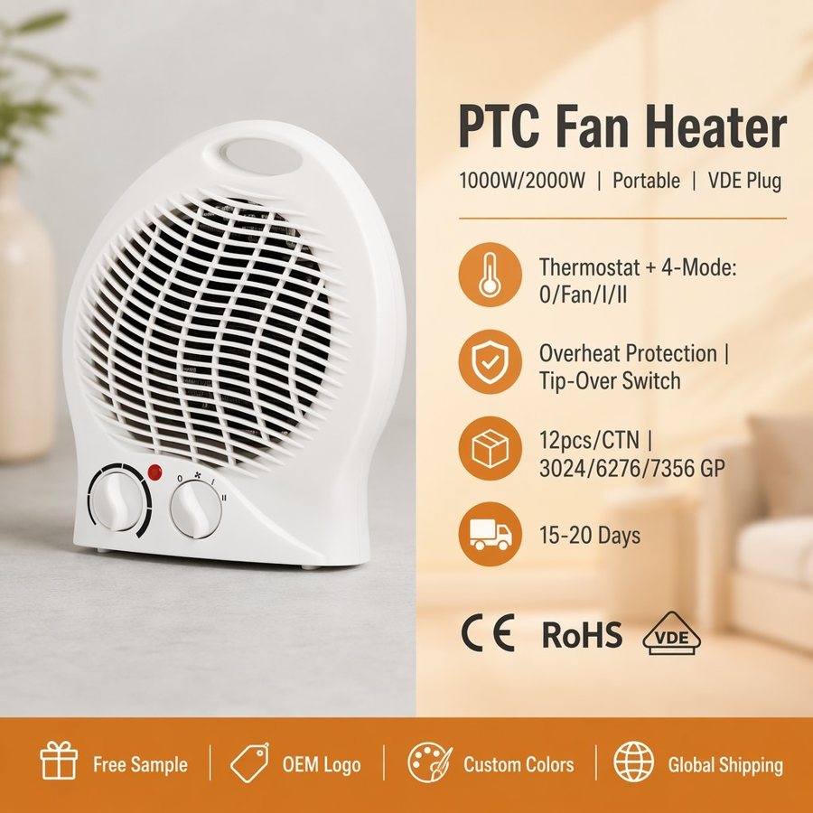 Portable Ceramic Fan Heater, 1000W or 2000W