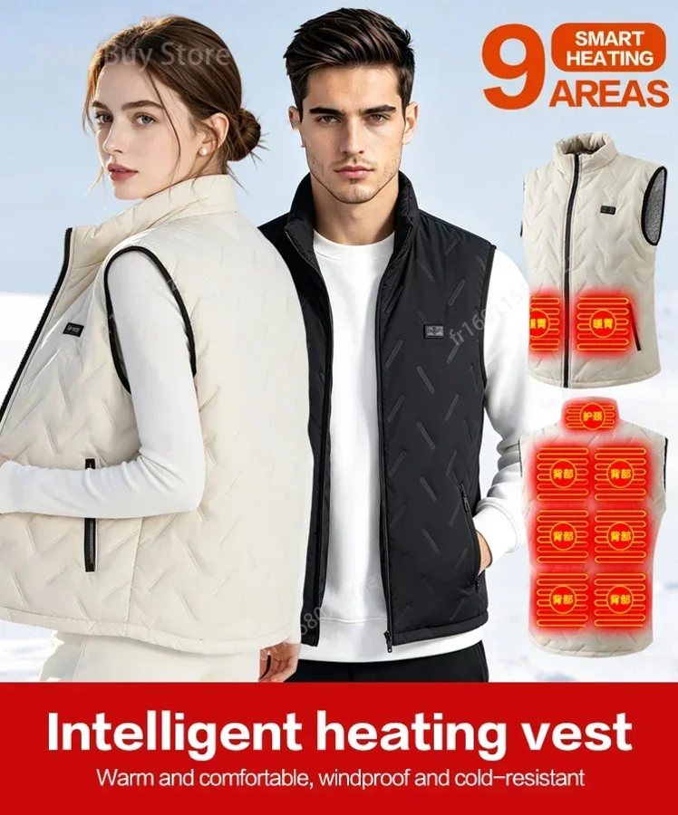 USB heated vest for men, 9 heating zones, 3 heat levels