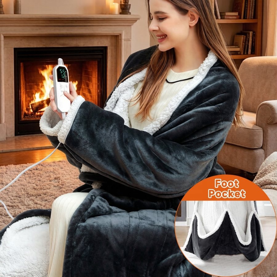 Wearable Heated Fleece Blanket with Sleeves