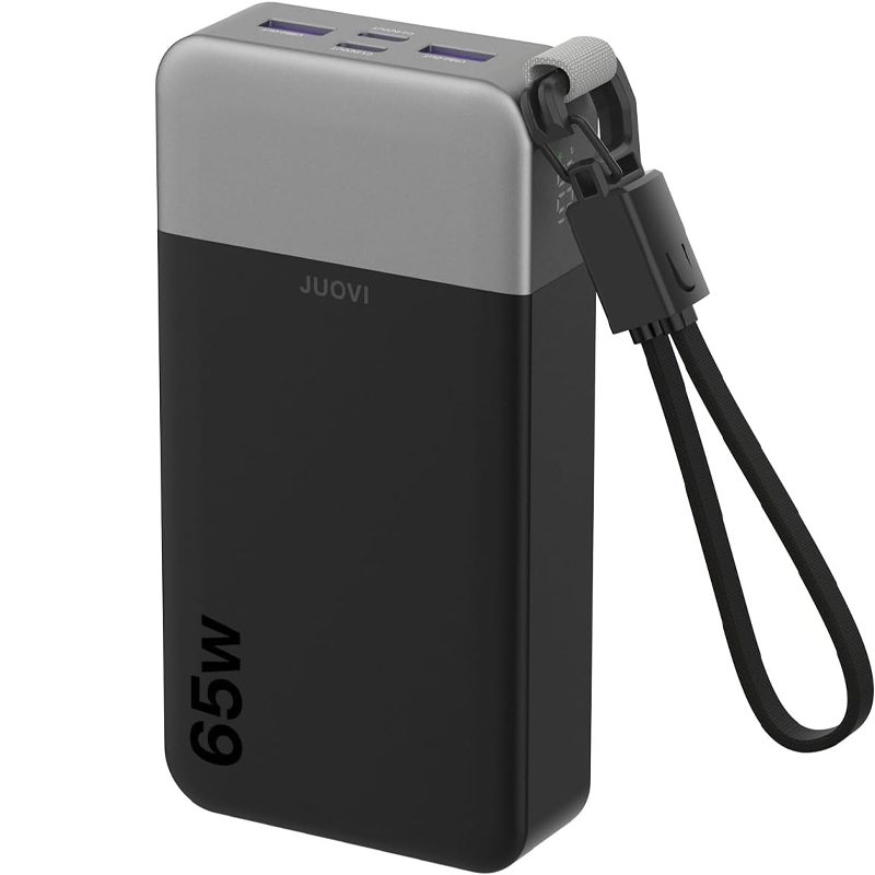 65W 20000mAh power bank with attached USB-C cable