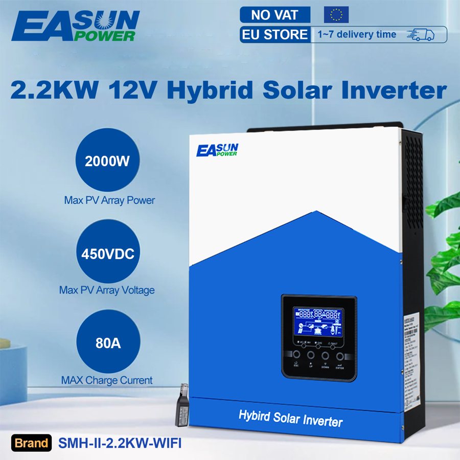 2.2kW hybrid solar inverter, 12V to 230V, pure sine wave