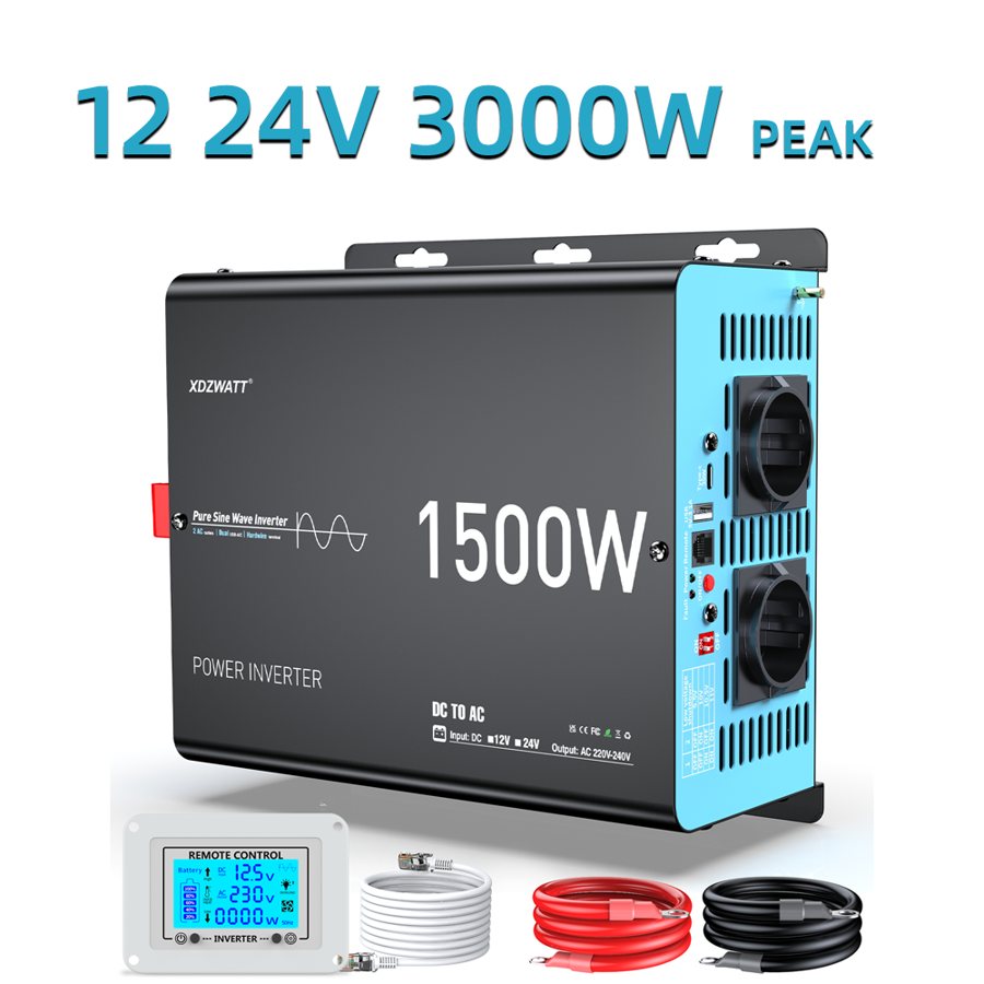 1500W pure sine wave inverter, 12V or 24V DC, LCD display