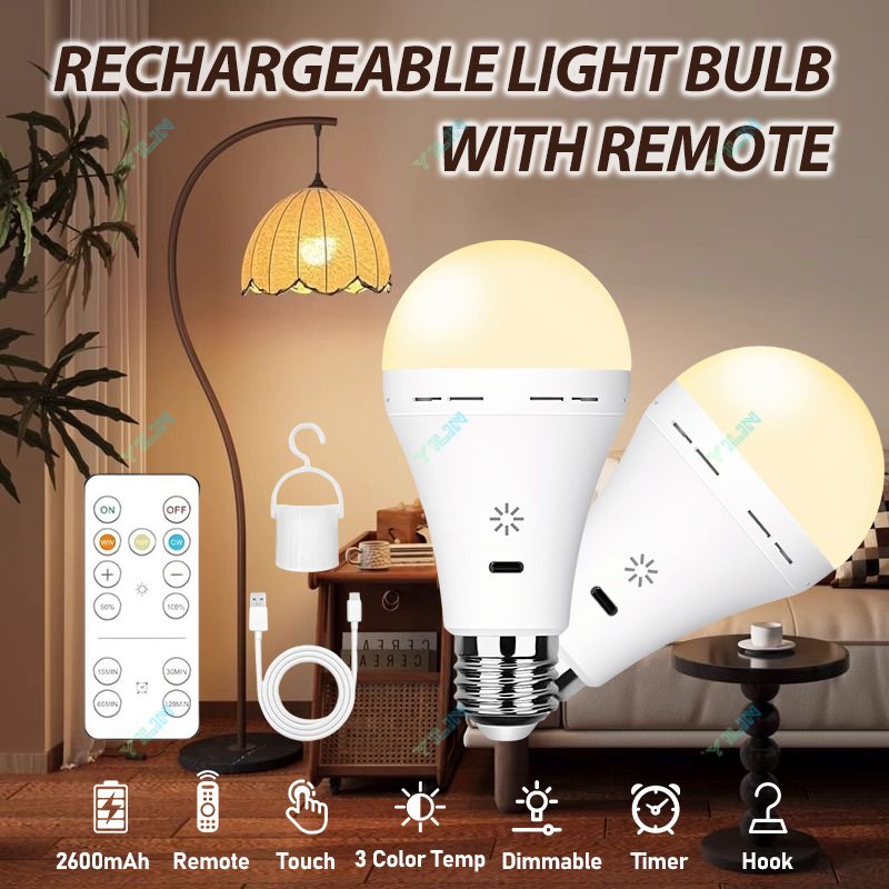 Rechargeable E27 LED bulb with remote, 2600mAh battery