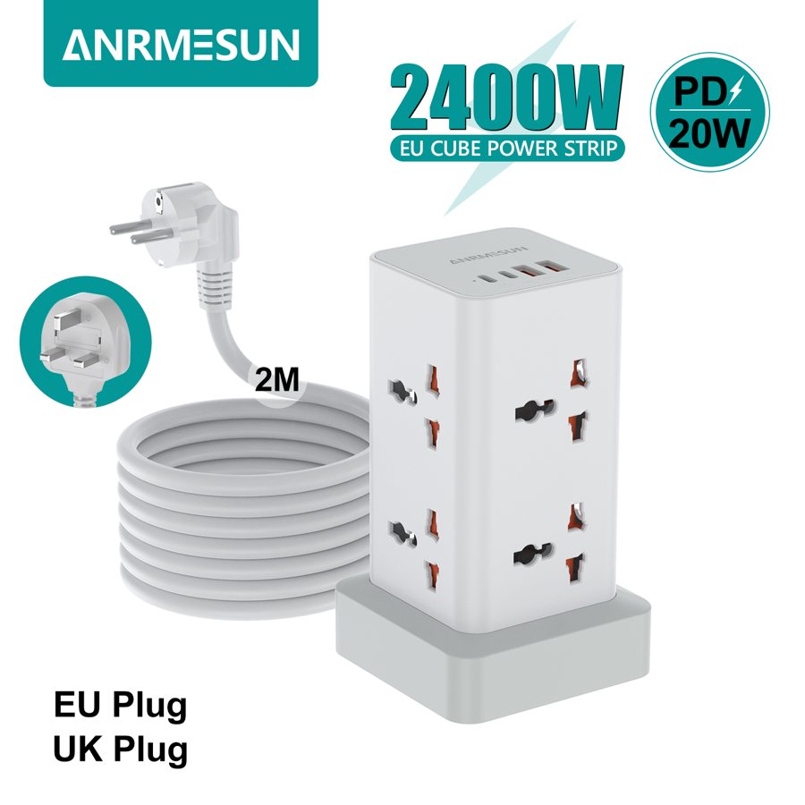 Tower power strip with PD 20W USB-C, 2 m cable