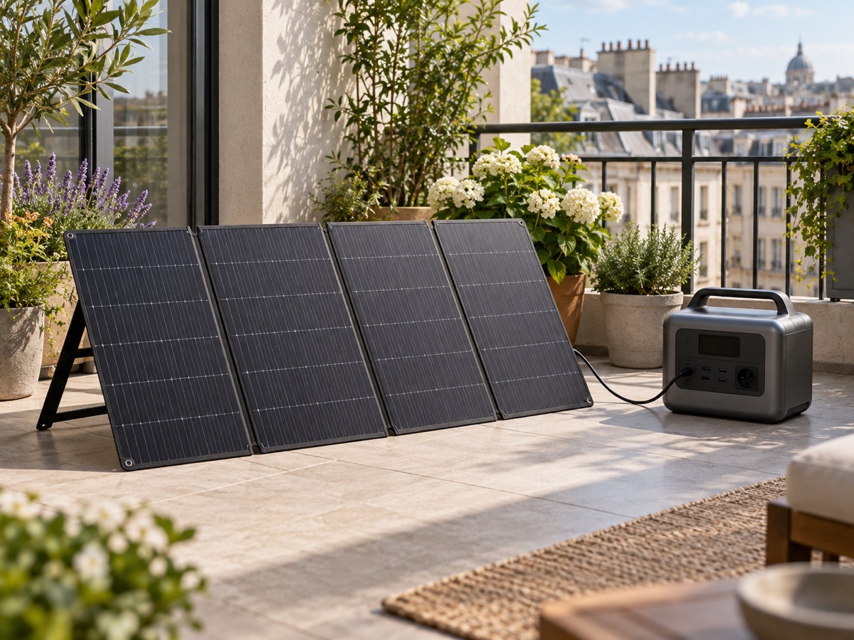 Foldable 200 W solar panel unfolded on a balcony