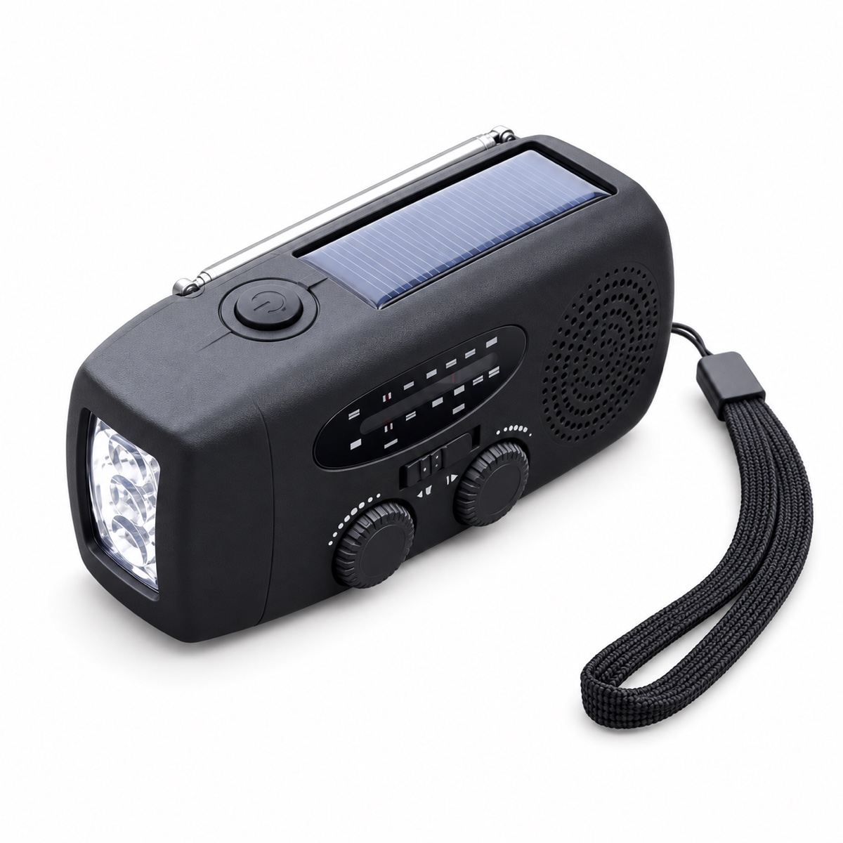 Wind-up solar emergency radio with torch and phone charging