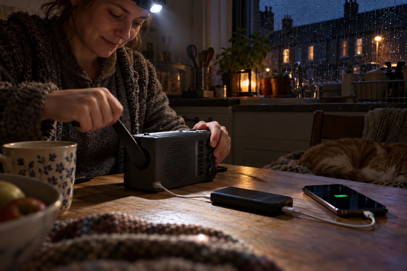 Kitchen in a power cut lit by a head torch while the radio plays