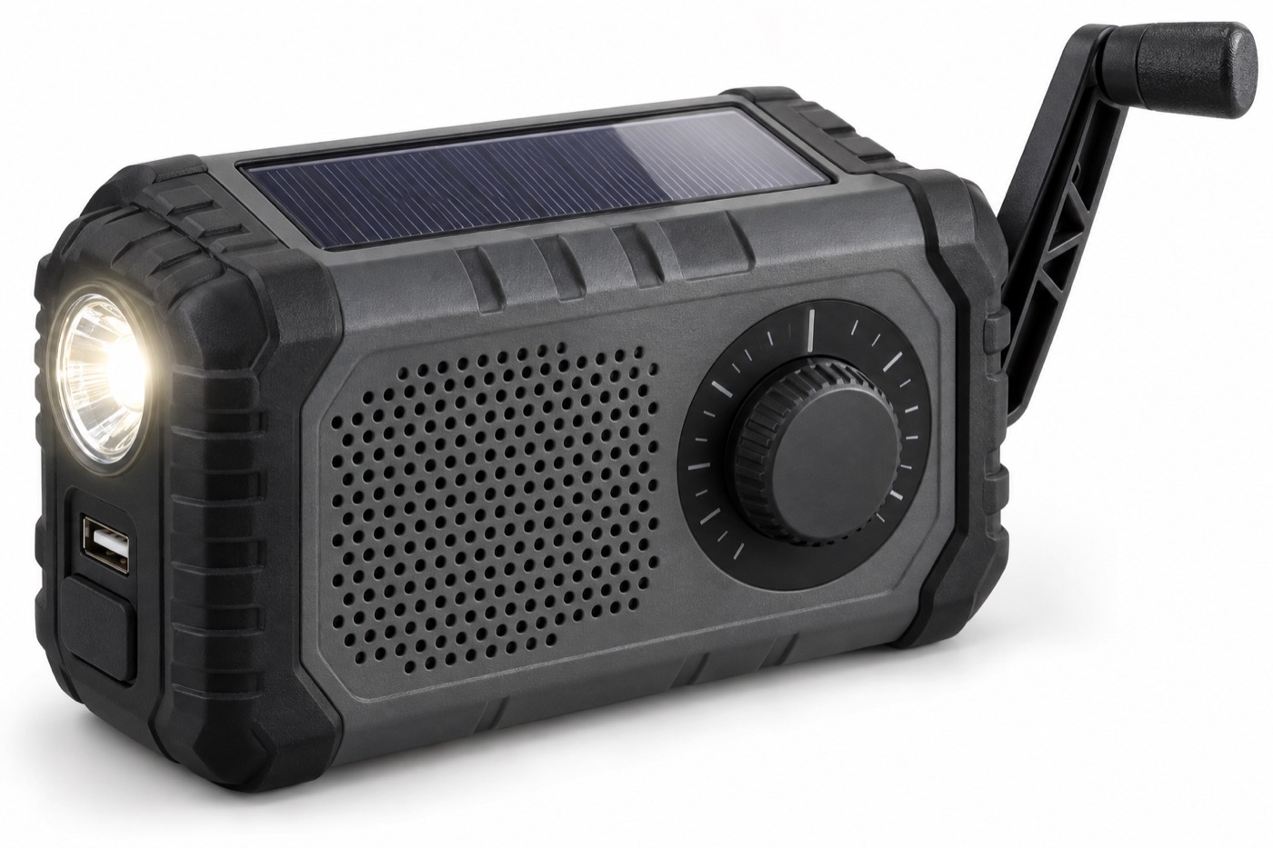 Wind-up solar emergency radio close-up